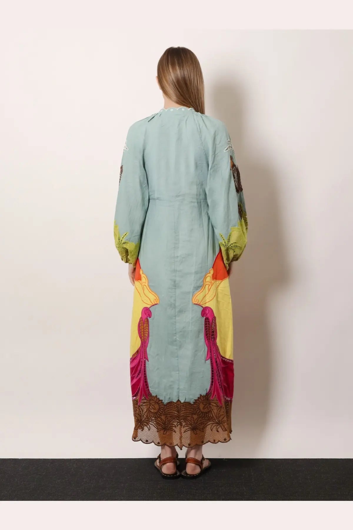 Farm Rio womens Usiacuri lino and viscose light blue linen maxi dress with vibrant floral and bird motifs and lace hem