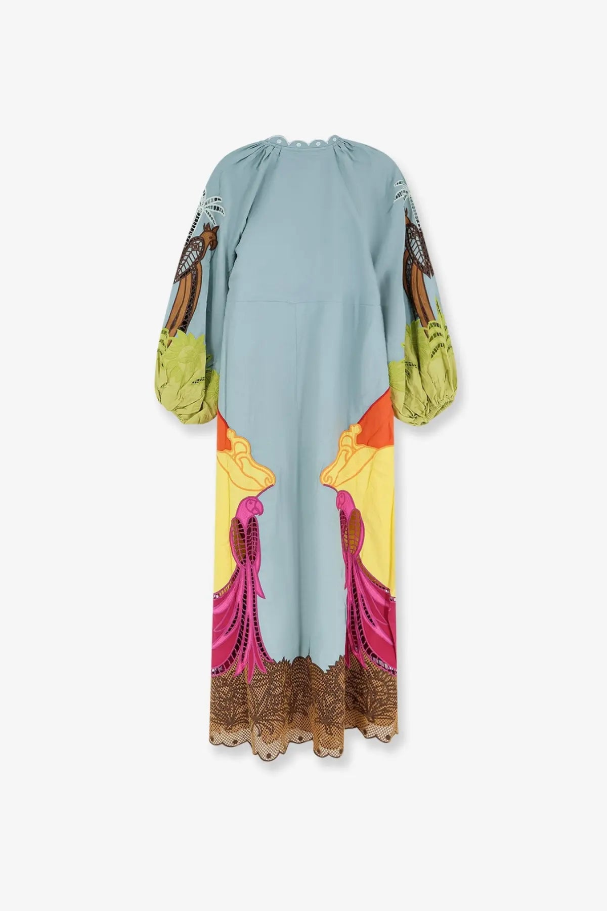 Farm rio womens usiacuri lino and viscose dress gold light blue maxi with colorful print puffed sleeves and lace trim hem