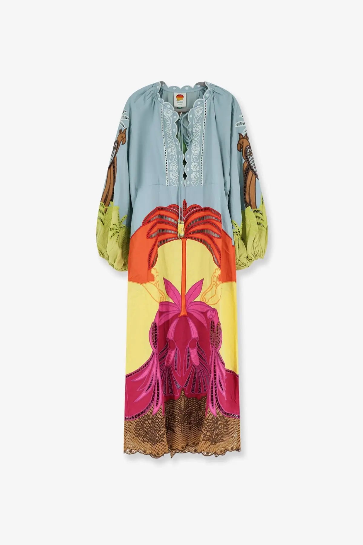 Farm Rio women’s Usiacuri lino and viscose dress in light blue with tropical floral print brown horse sleeves and lace trim
