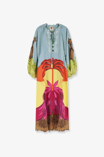 Farm Rio women’s Usiacuri lino and viscose dress in light blue with tropical floral print brown horse sleeves and lace trim