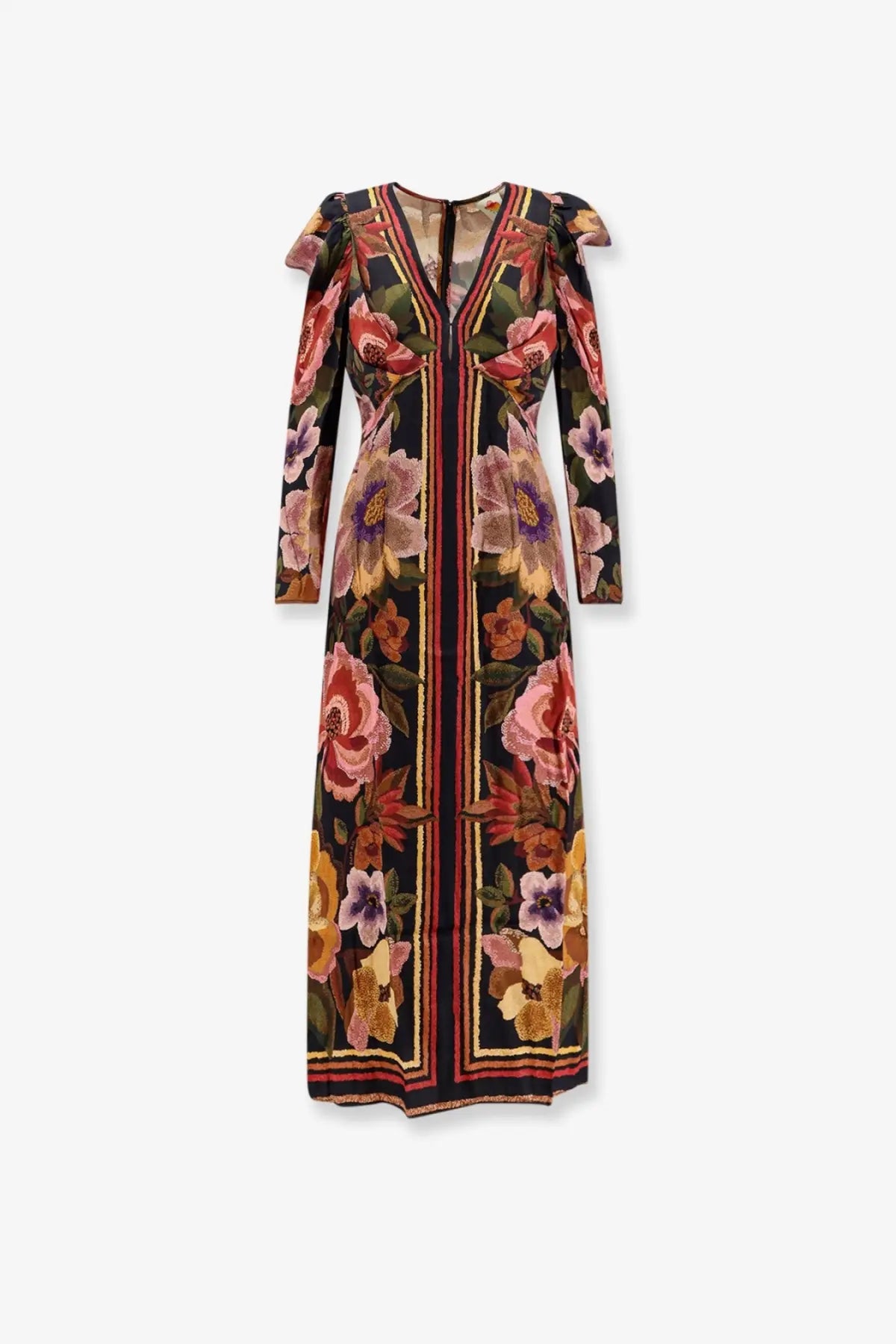 Farm Rio women’s viscose long dress in black with long sleeves and a floral pattern in pink red and purple