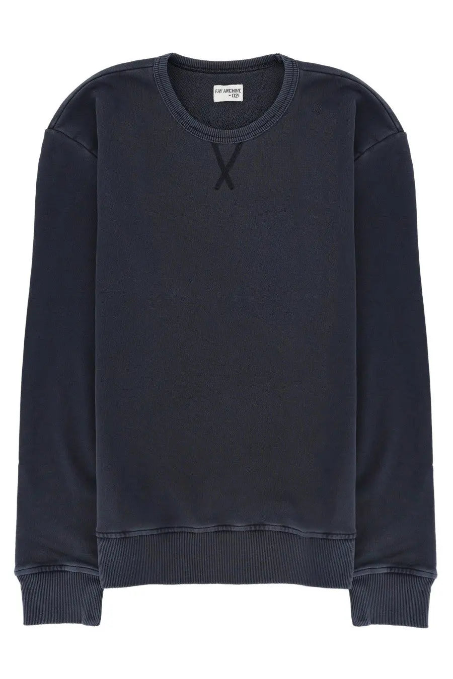 Dark navy blue crewneck sweatshirt with ribbed cuffs and hem featuring subtle black x embroidery on chest by fay