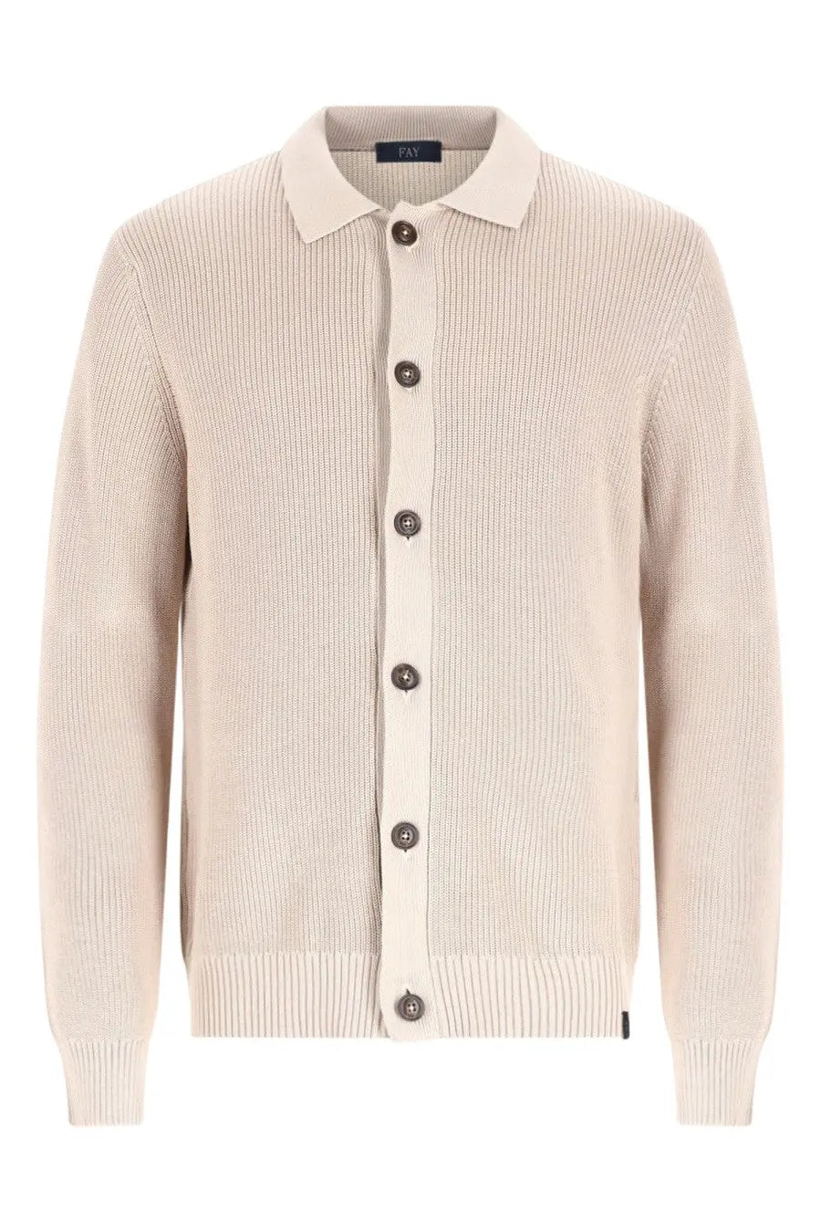 Beige ribbed knit cardigan with collar and dark brown buttons made from cotton by fay mens cardigan in maglia di cotone
