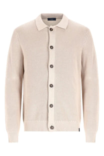 Beige ribbed knit cardigan with collar and dark brown buttons made from cotton by fay mens cardigan in maglia di cotone