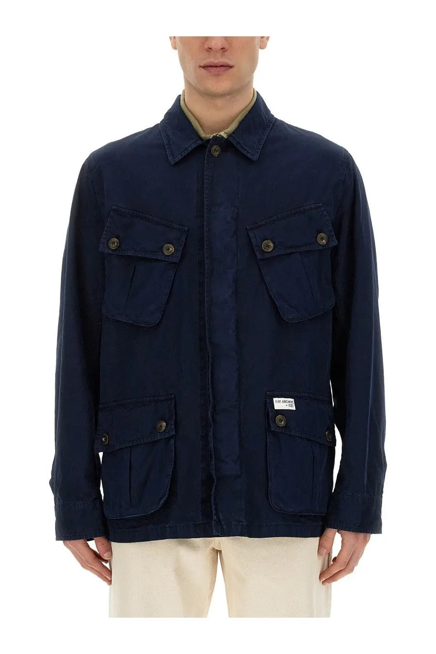 Fay men’s cotton jacket in dark navy blue with four flap pockets and brass buttons