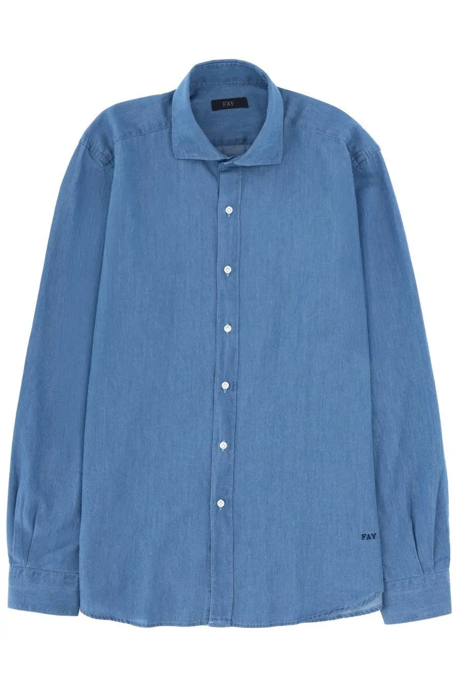 Fay men’s denim shirt blue featuring a light blue long-sleeved button-down design with textured weave and white buttons
