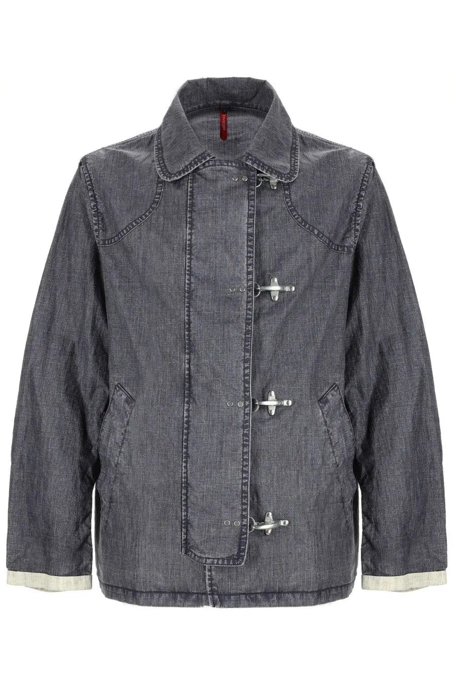 Fay men’s hooks jacket blue dark gray denim with silver toggle closures and contrasting light cuffs