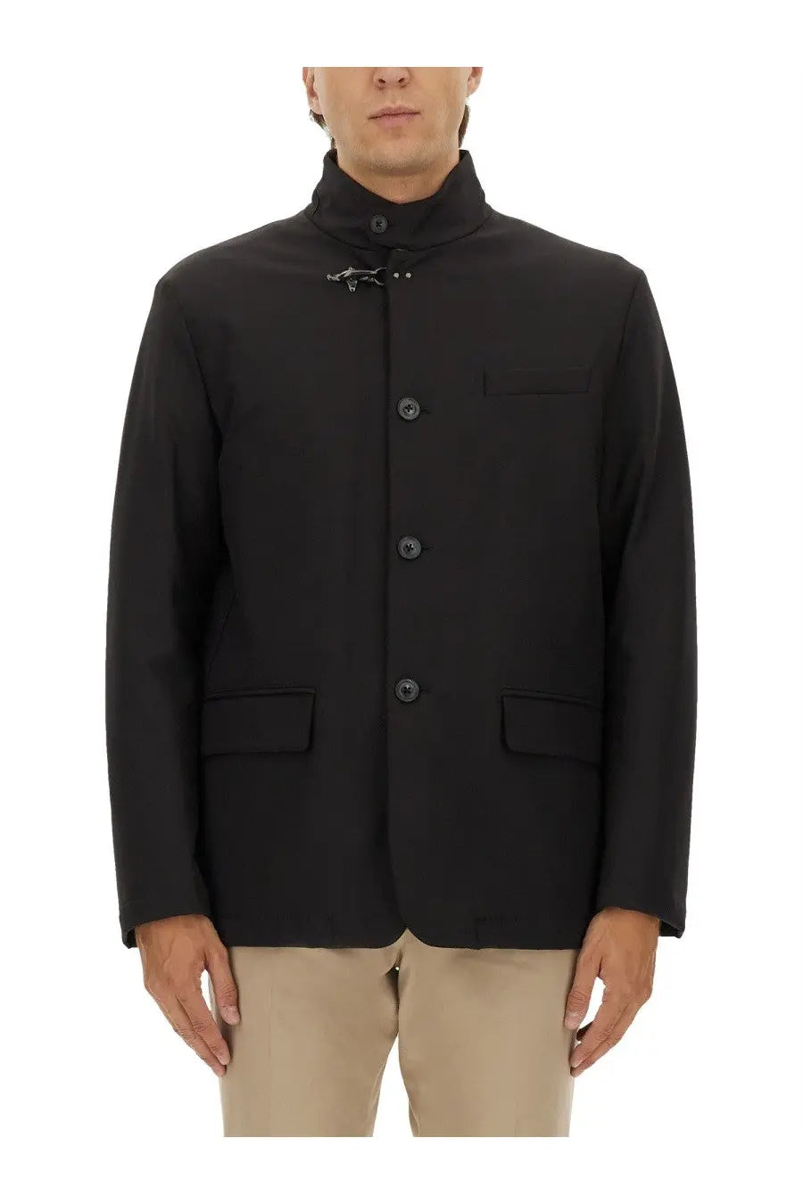 Fay men’s black blazer with stand-up collar and front button closure featuring subtle stitching details