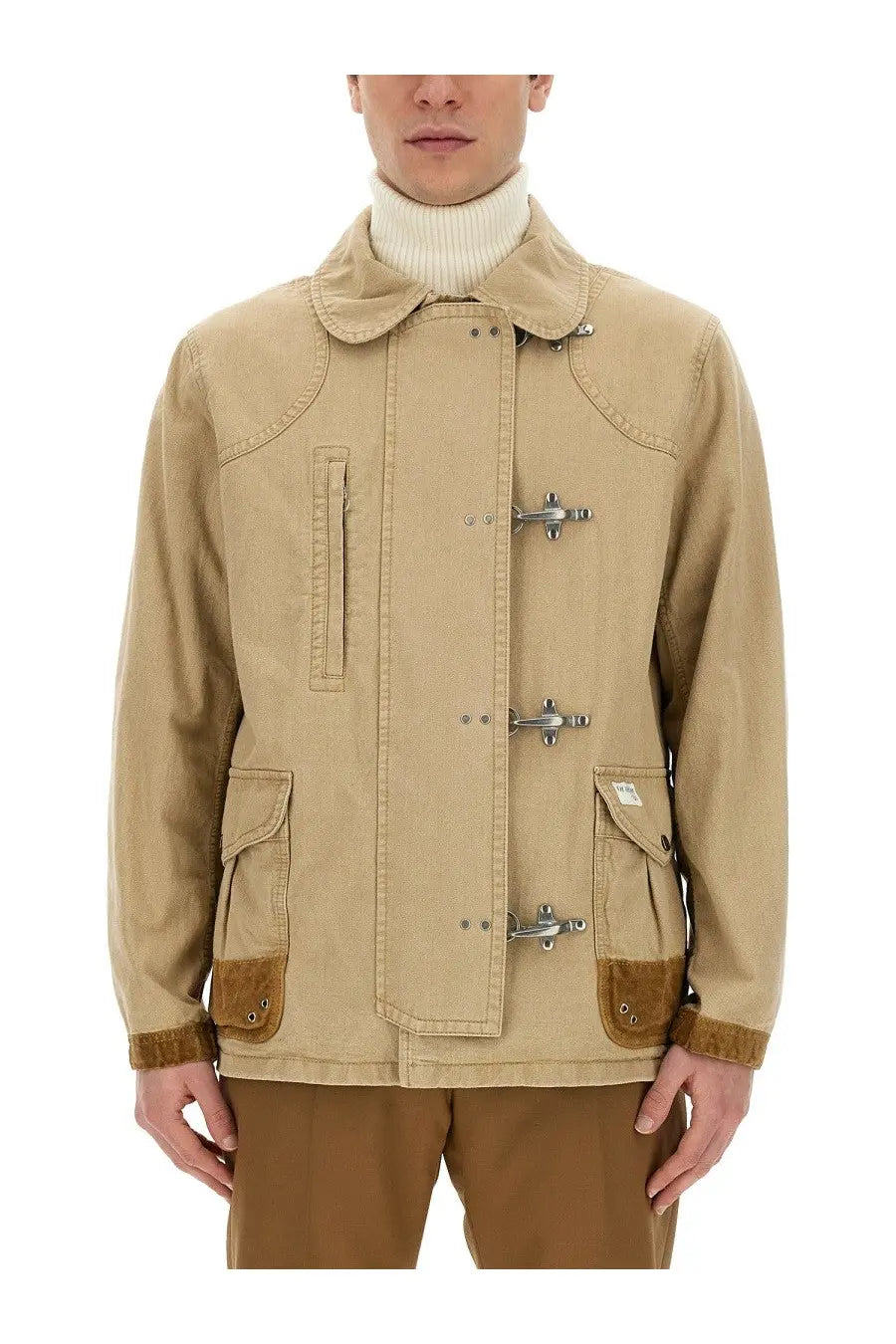 Fay men’s beige cotton duffle coat with brown suede trim and silver toggle closures