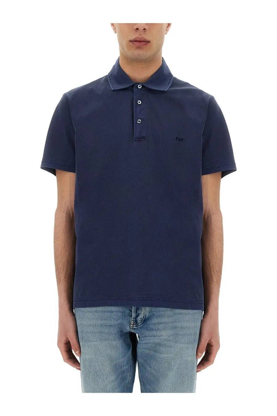 Navy blue short-sleeved jersey polo shirt for men with subtle chest embroidery by Fay