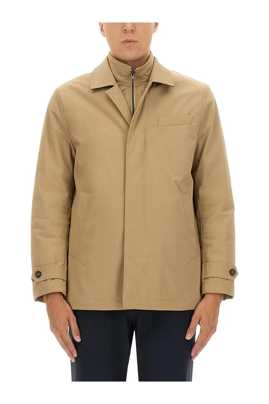 Beige fay men’s morning double front trench coat with collar zipper closure and buttoned cuffs