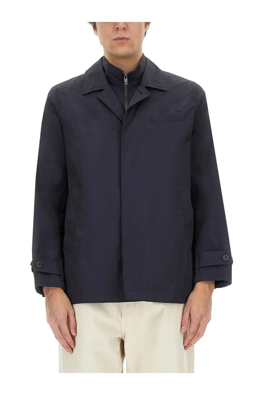 Fay men’s morning jacket in dark navy blue with collar and front zipper made from structured fabric
