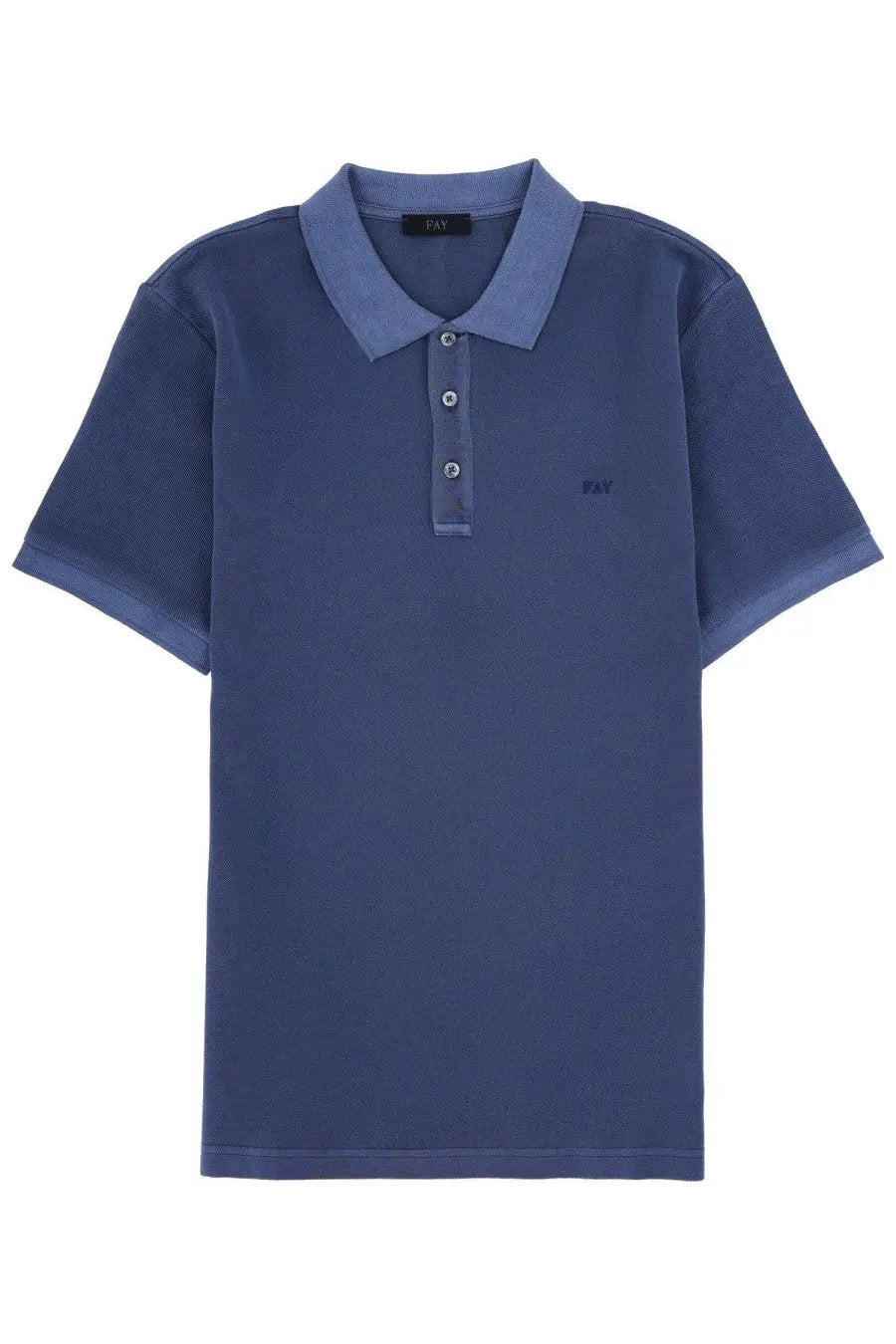 Fay men’s navy blue polo shirt with matching collar and cuffs, three silver buttons, and embroidered chest logo