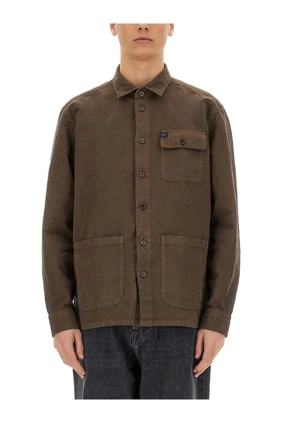 Fay men’s brown utility shirt jacket with collar button-down front and three large patch pockets