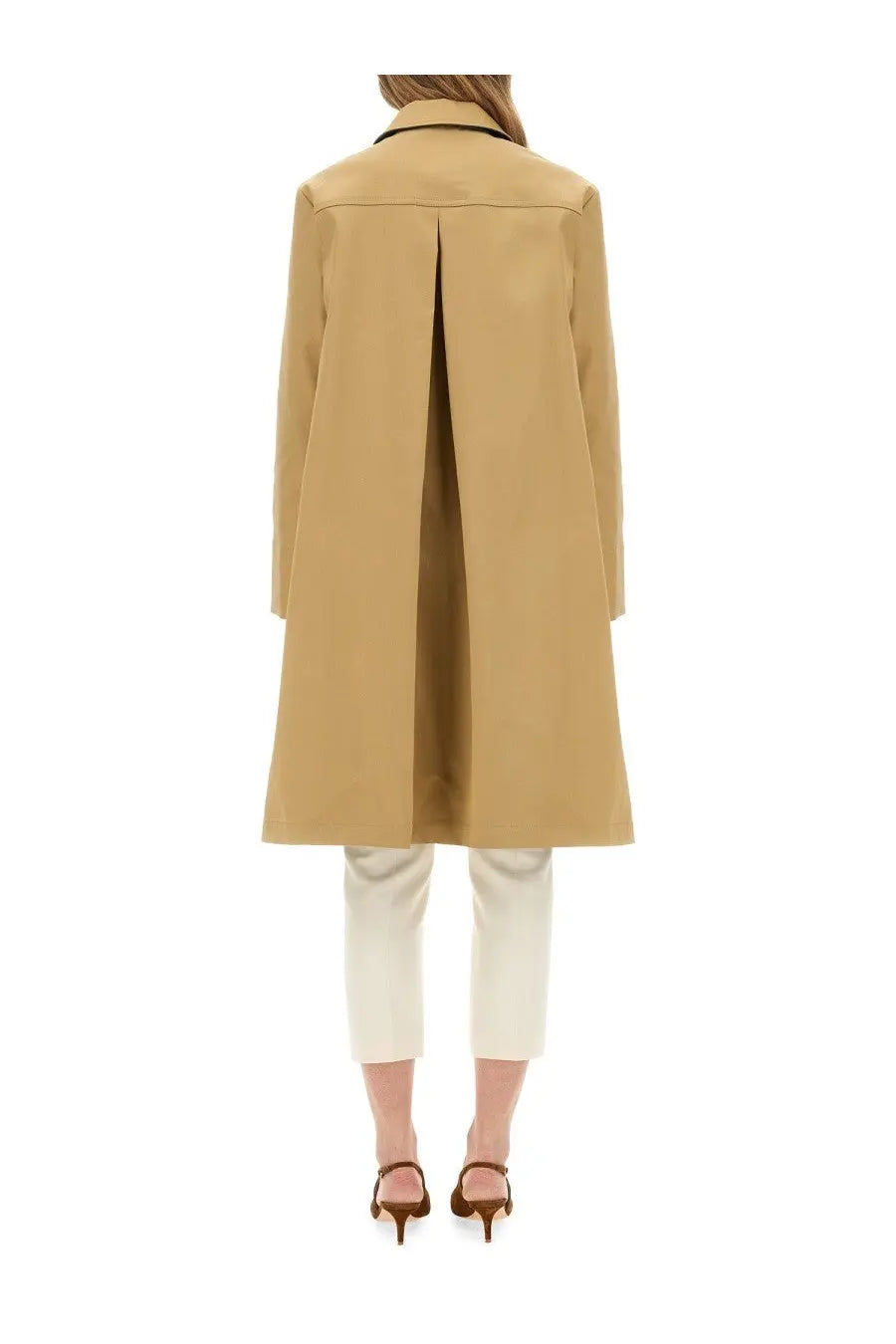 Fay women’s beige camel-colored longline trench coat with structured collar and central front pleat