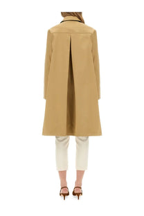 Fay women’s beige camel-colored longline trench coat with structured collar and central front pleat