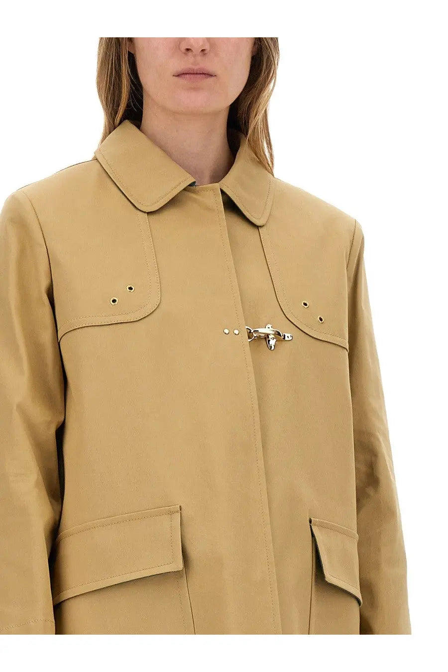 Fay women’s beige car coat in tan with classic collar and silver-toned metal clasp detail