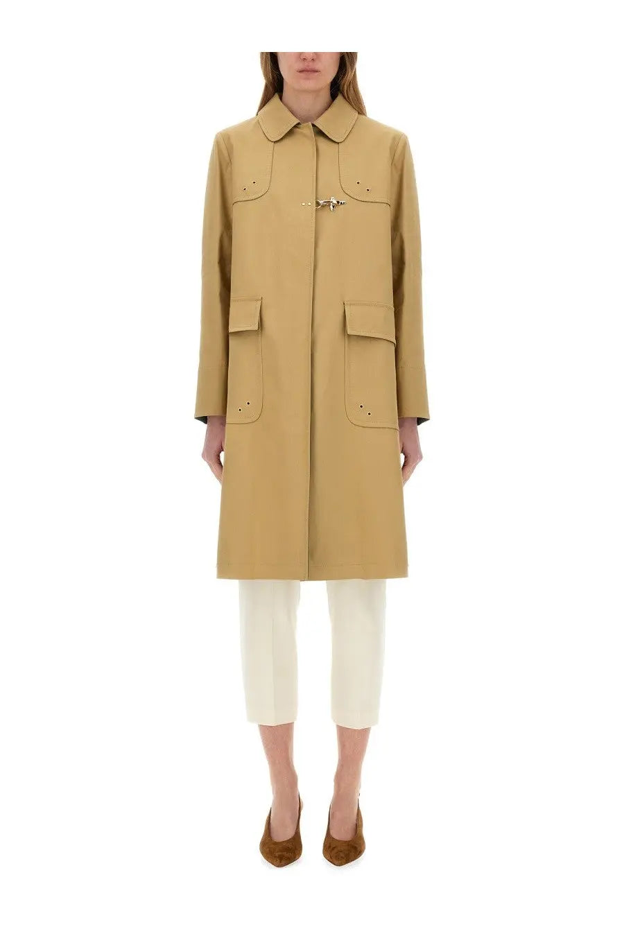 Beige Fay women’s car coat with classic collar metal clasp front closure and two large patch pockets