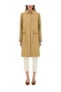 Beige Fay women’s car coat with classic collar metal clasp front closure and two large patch pockets