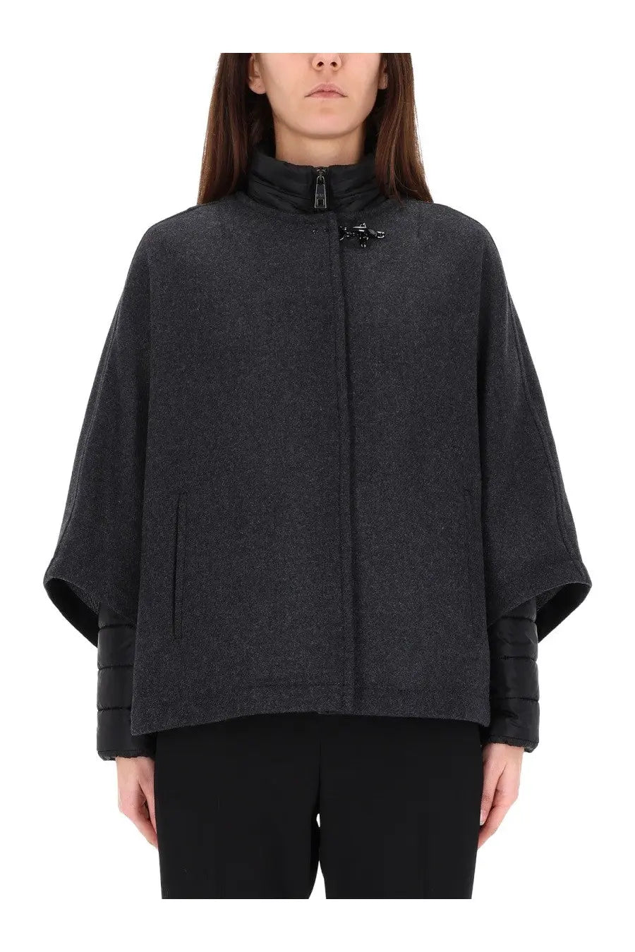 Fay women’s double face cape grey dark gray wool blend cape style jacket with high collar and black toggle closures
