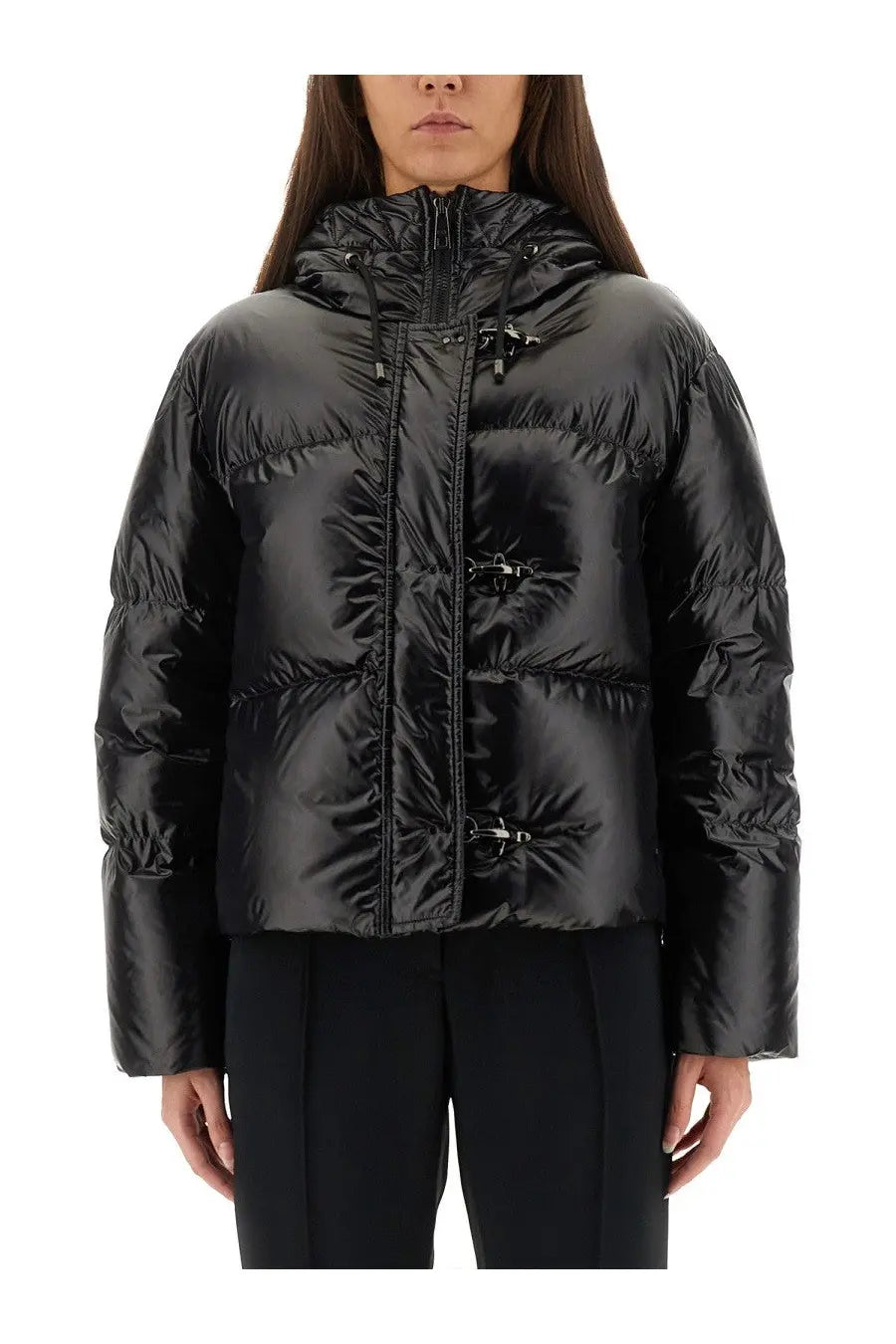 Fay women’s black down jacket with shiny quilted texture and distinctive silver-toned toggle closures