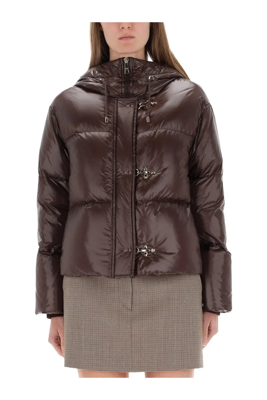 Fay women’s brown glossy down puffer jacket with hood and silver-toned toggle closures