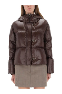 Fay women’s brown glossy down puffer jacket with hood and silver-toned toggle closures