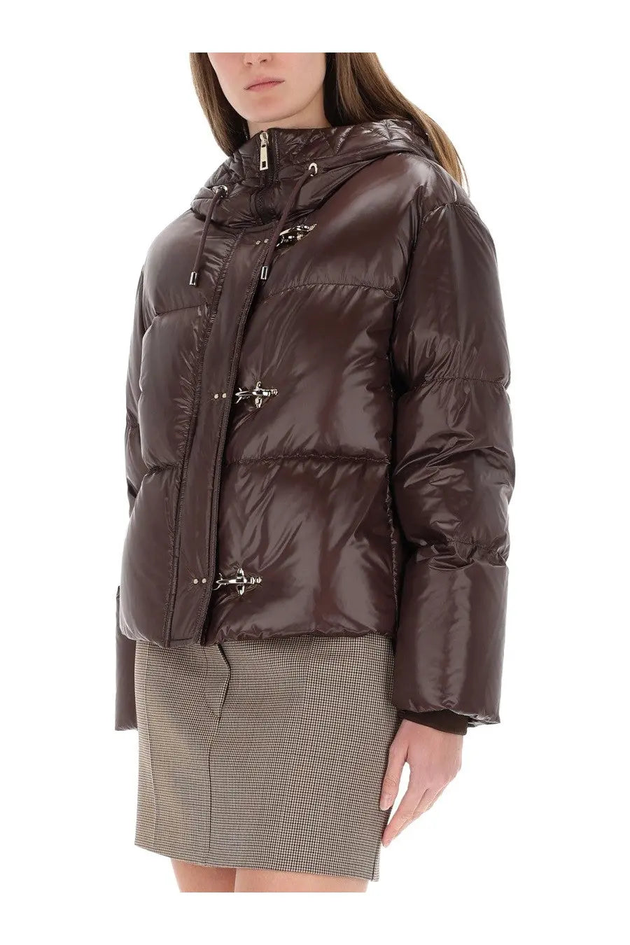 Fay women’s brown shiny chocolate leather puffer jacket with hood and silver toggle closures
