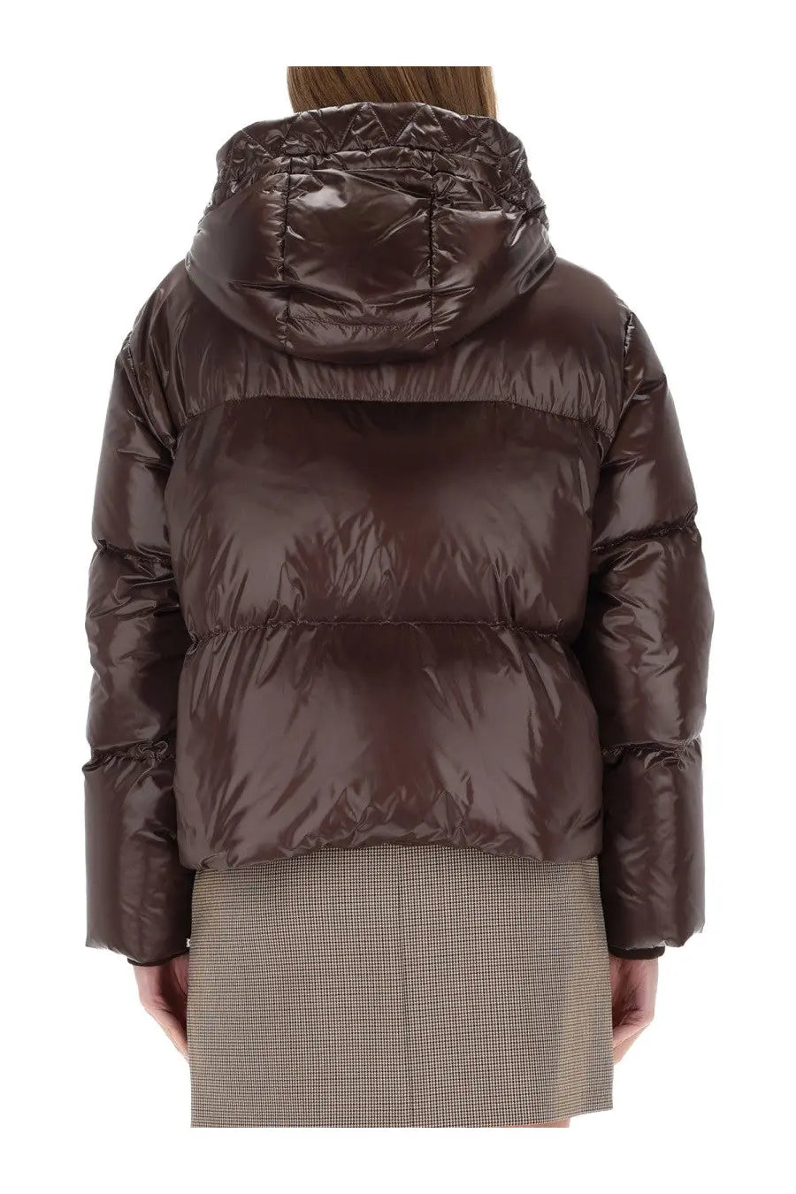 Fay women’s down jacket brown shiny chocolate-brown puffer jacket with quilted hood and horizontal stitching