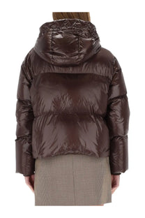 Fay women’s down jacket brown shiny chocolate-brown puffer jacket with quilted hood and horizontal stitching