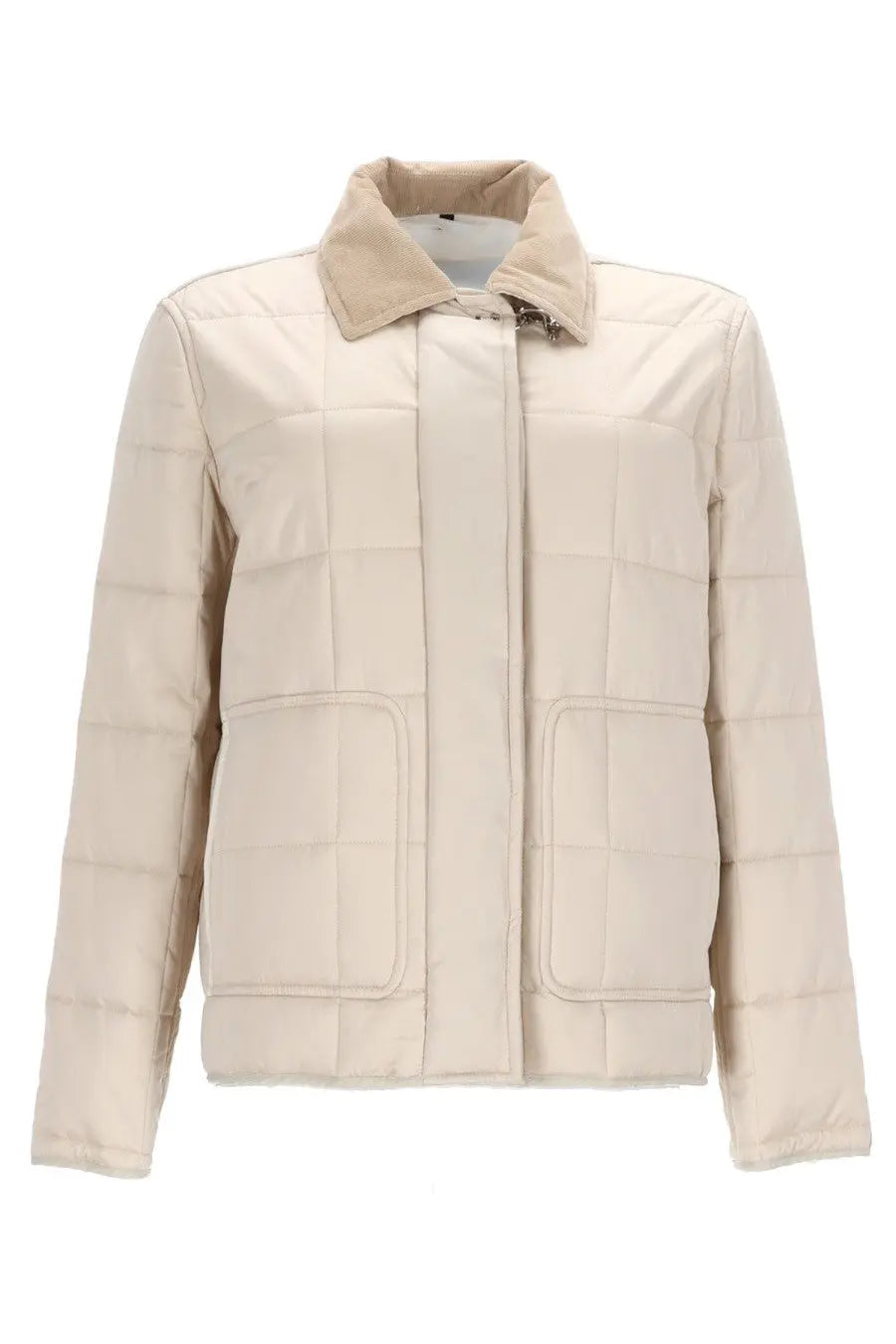 Beige quilted puffer fay women’s field jacket with contrasting tan collar and front pockets
