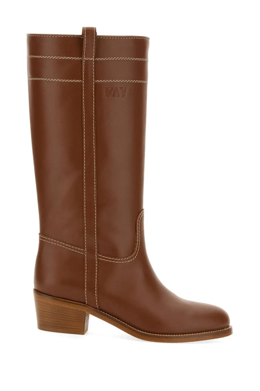Brown leather knee-high women’s boot with tan stitching and low block heel from fay collection