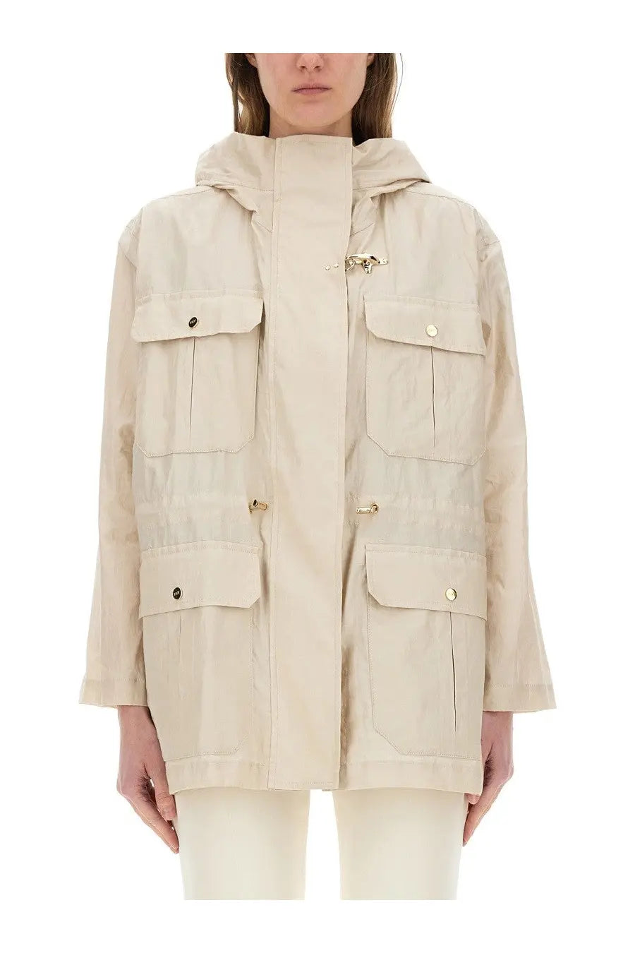 Beige fay women’s linen and cotton canvas parka with hood front closure gold-tone toggle clasp and flap pockets