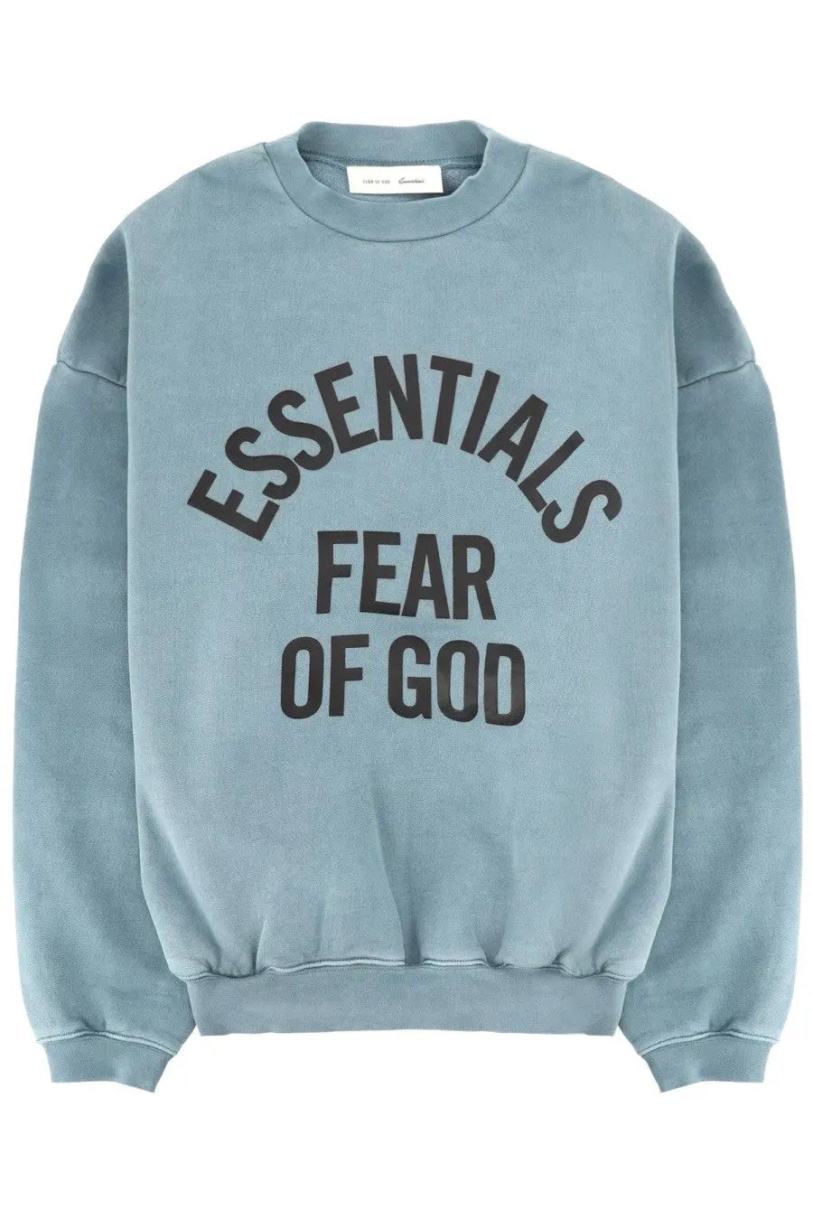 Light blue cotton fear of god essentials men’s felpa campus 90s sweatshirt with bold black lettering on chest
