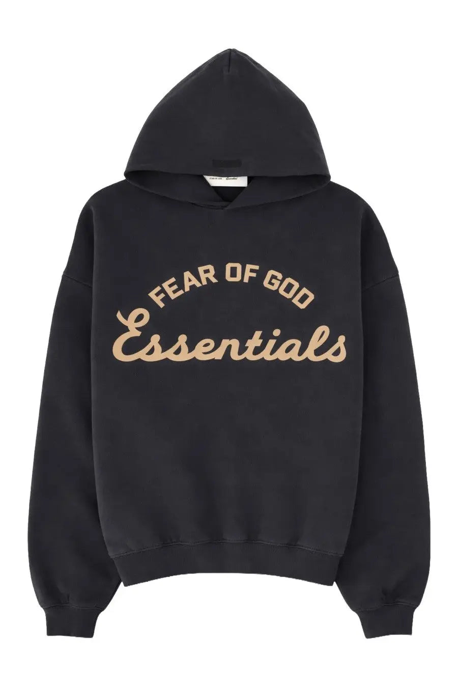 Fear of god essentials men’s black hoodie with beige cursive lettering across the chest for casual wear