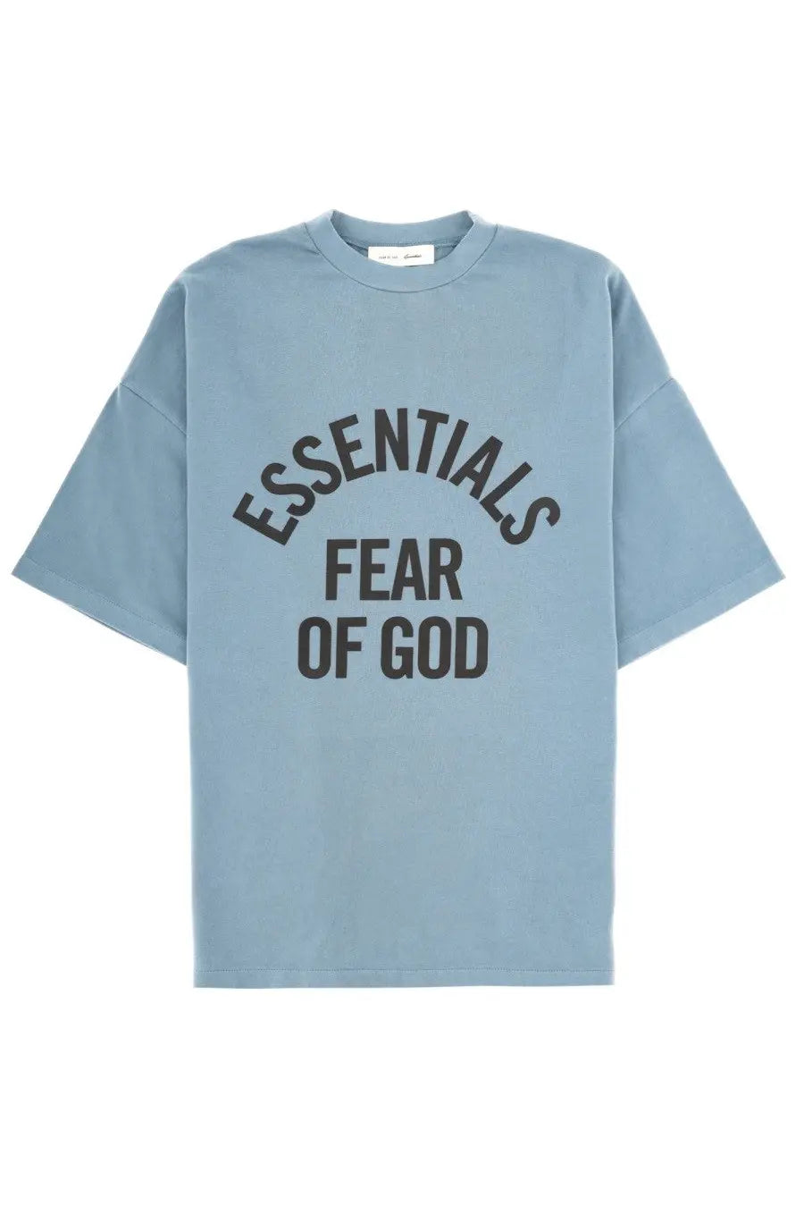 Light blue oversized Fear Of God Essentials men’s shirt with bold black lettering printed across the chest