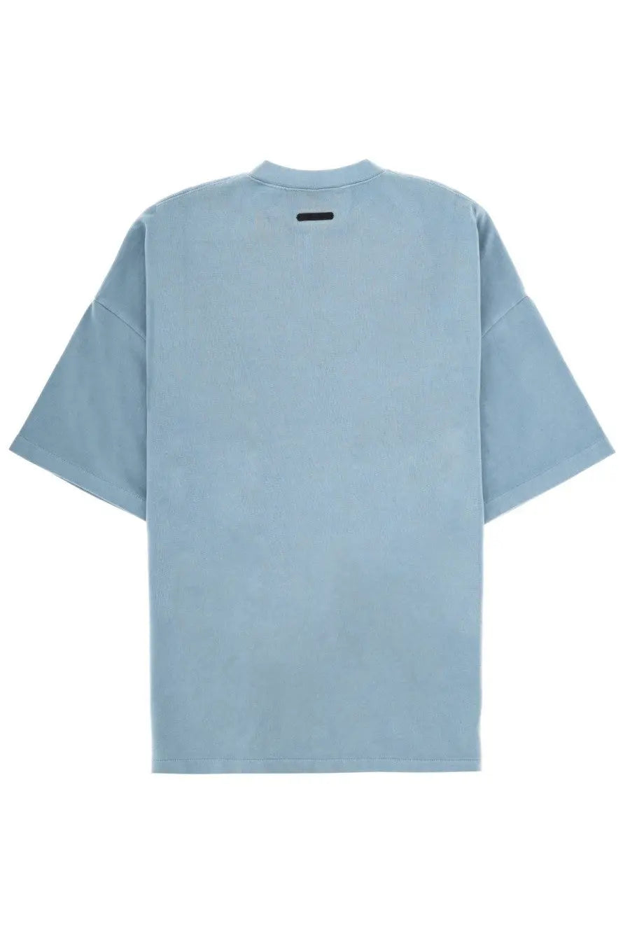 Fear of god essentials men’s light blue oversized t shirt with crew neck and black tag at back of collar