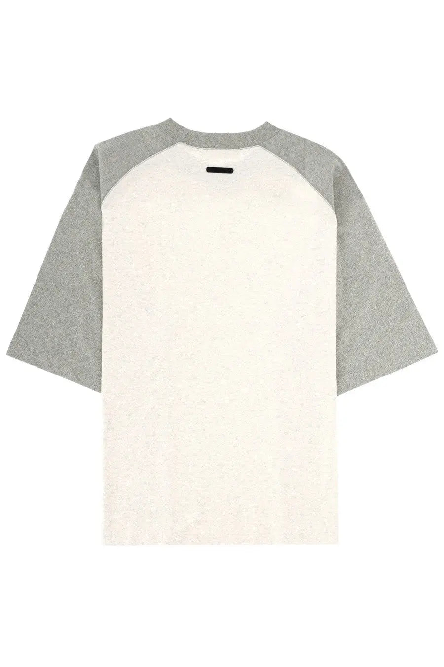 Fear of god essentials men’s minimalist two-tone raglan baseball shirt with cream body and heather gray sleeves