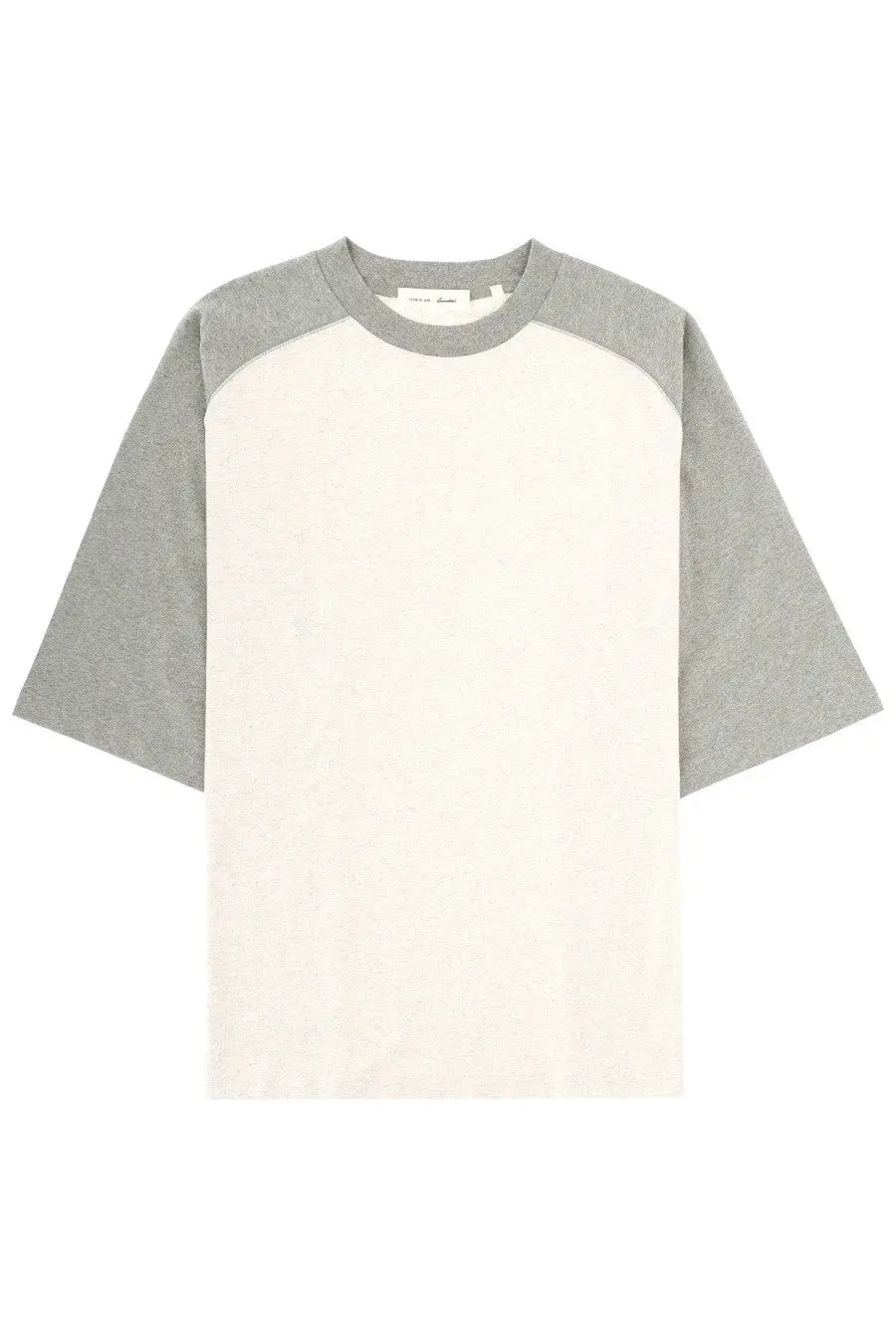 Fear of god essentials men’s minimalist two-tone raglan sleeve t-shirt in off-white and heather gray cotton blend