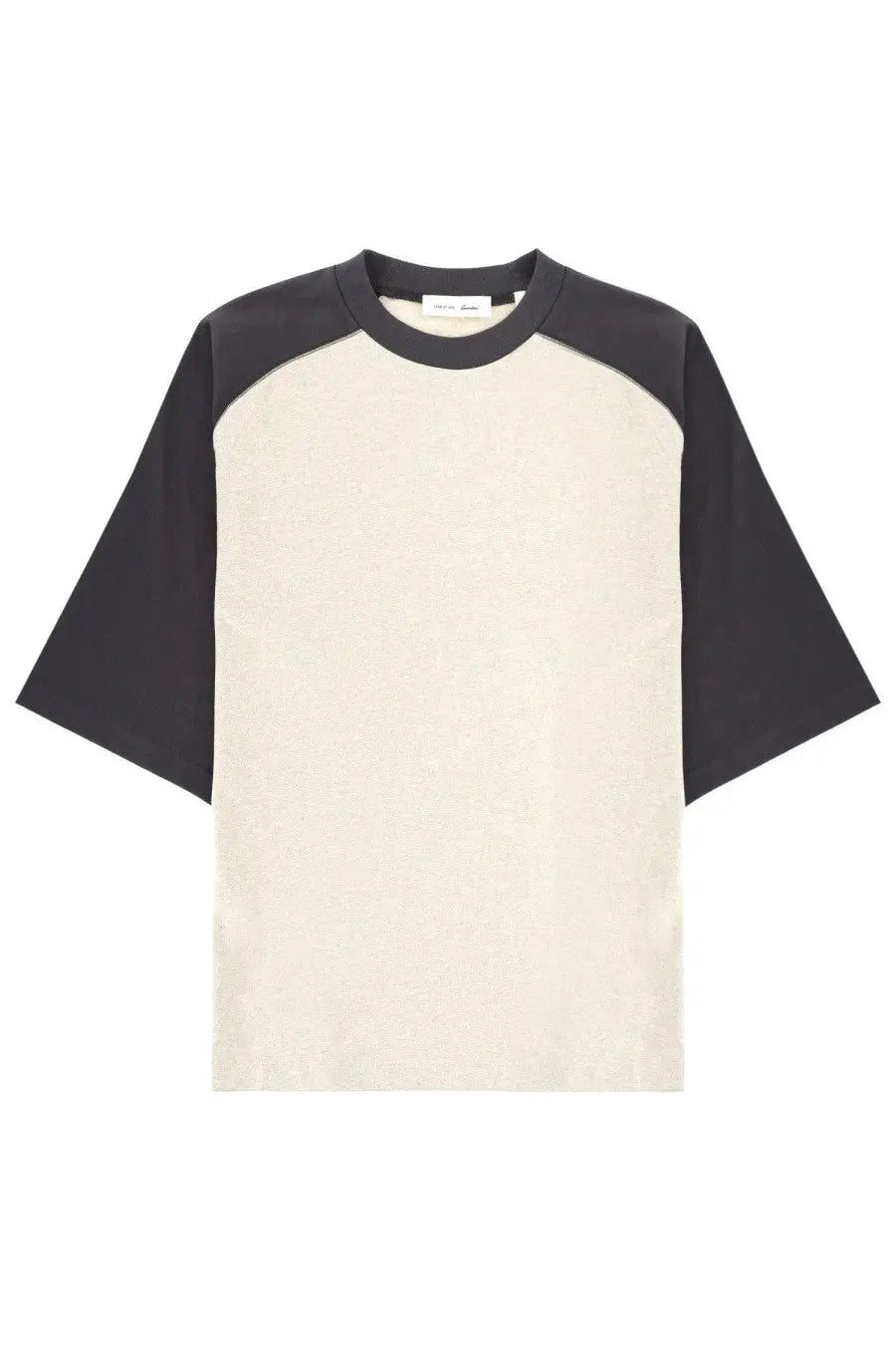 Cream-colored and black raglan-sleeved fear of god essentials men’s shirt with relaxed fit and signature baseball design