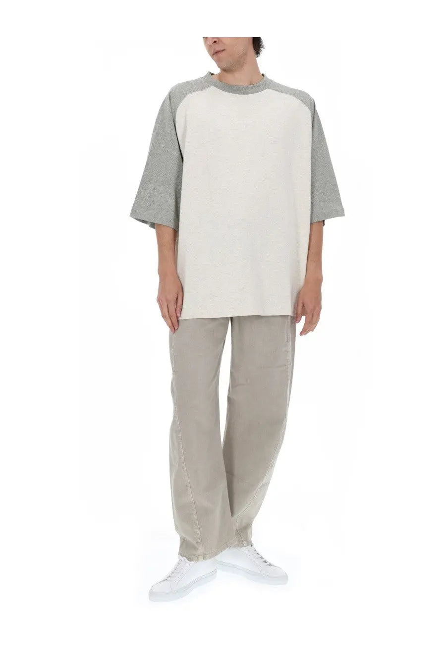 Fear of god essentials men’s relaxed-fit two-tone raglan sleeve t-shirt in off-white and muted gray