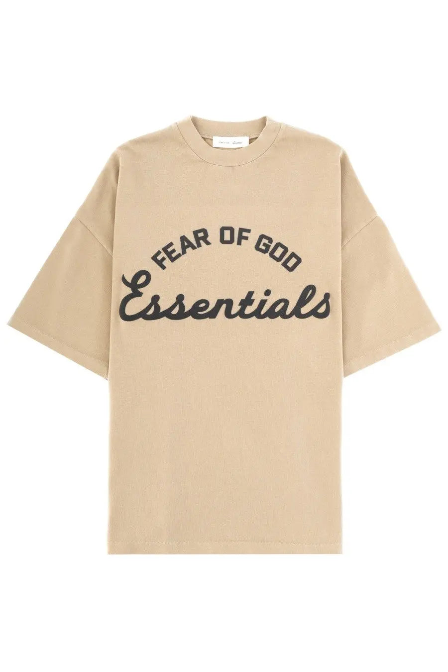 Beige fear of god essentials men’s training t-shirt with black arched lettering across the chest in 90s style