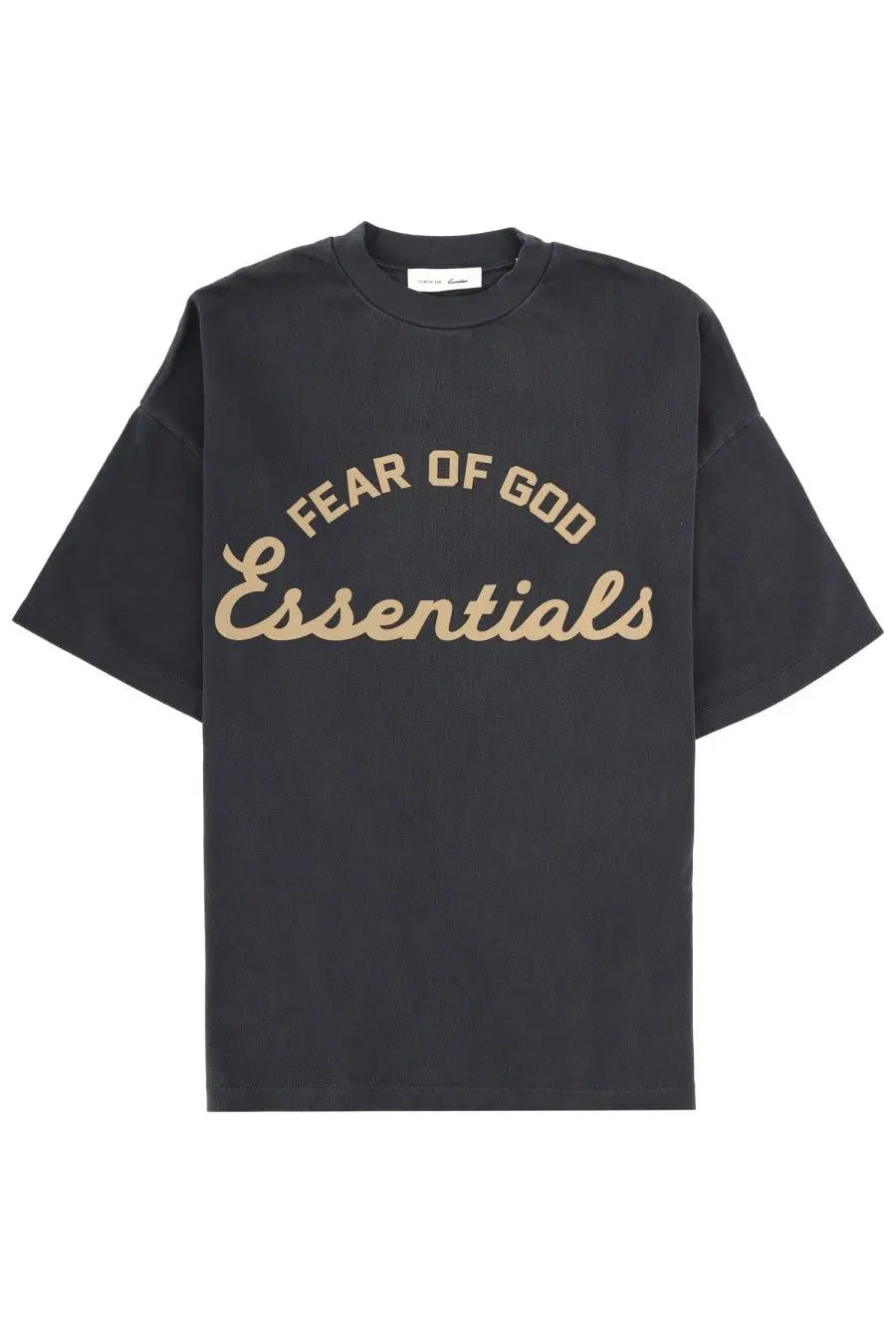 Black cotton fear of God essentials men’s t-shirt with beige logo print across the chest for training wear
