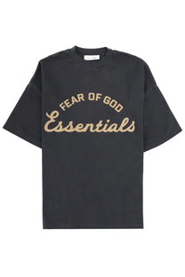 Black cotton fear of God essentials men’s t-shirt with beige logo print across the chest for training wear
