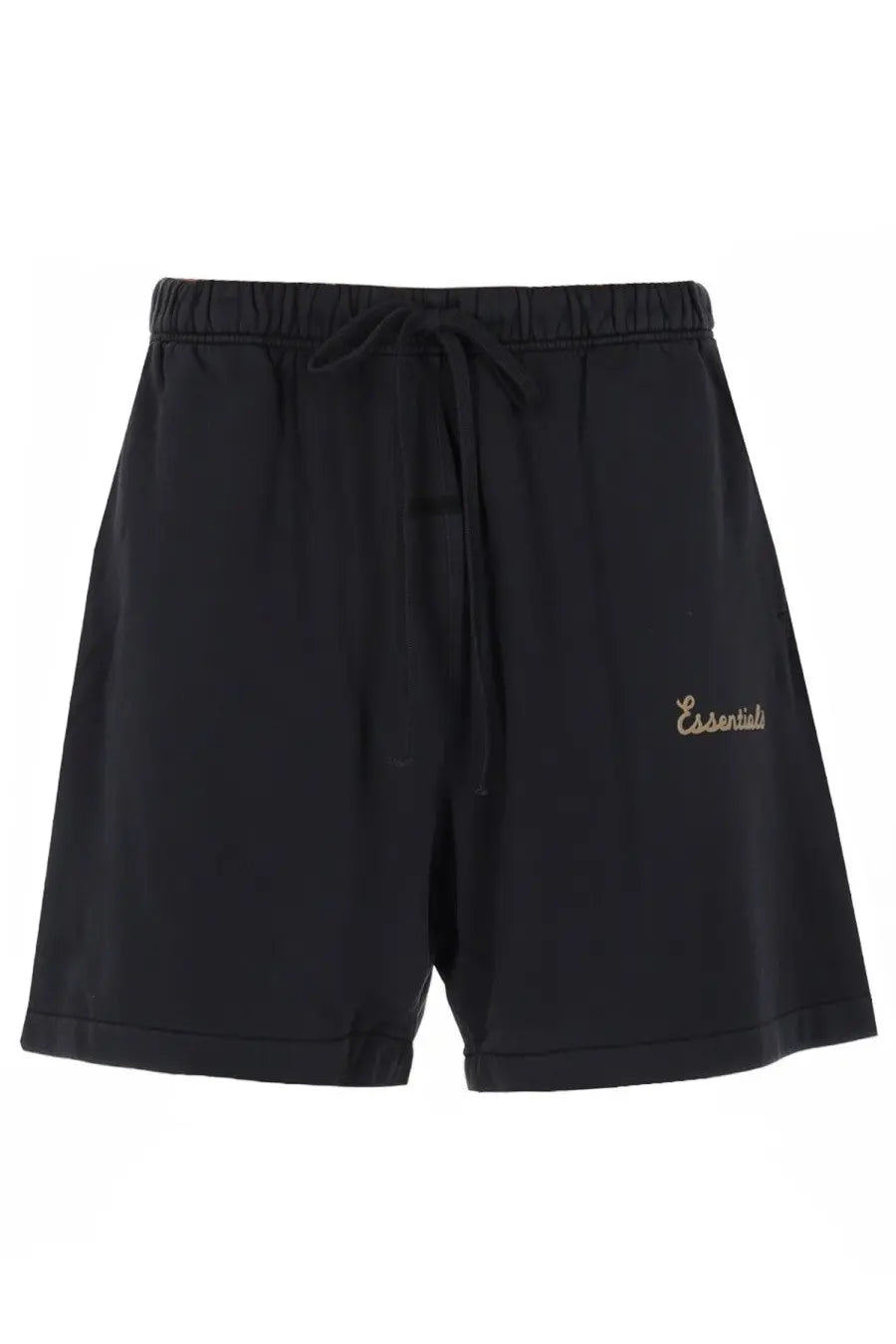 Fear of god essentials men’s black athletic shorts with elastic waistband and gold essentials embroidery for training