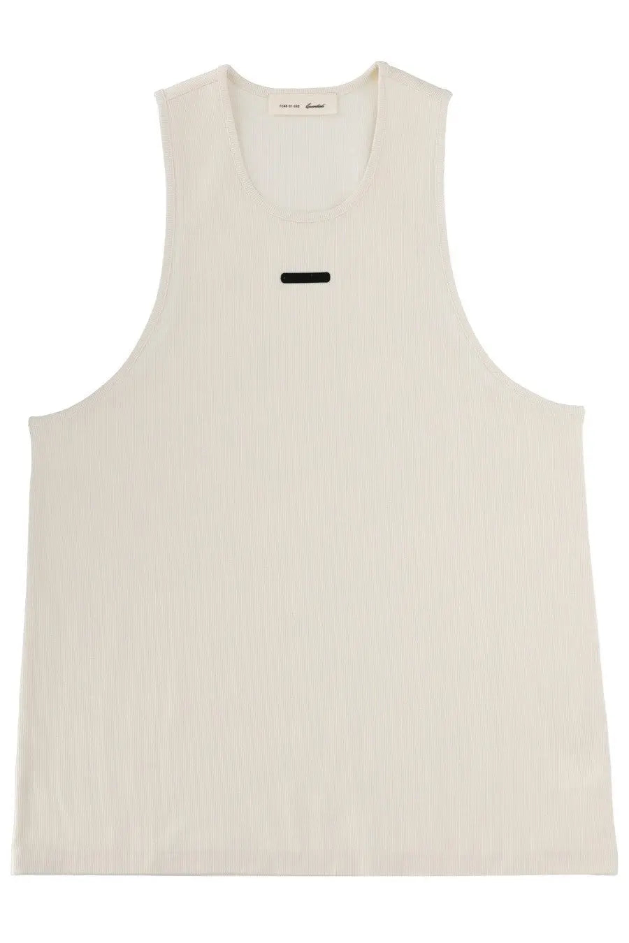 Cream-colored fear of god essentials men’s sleeveless tank top in cotton with a minimalist black stripe at chest