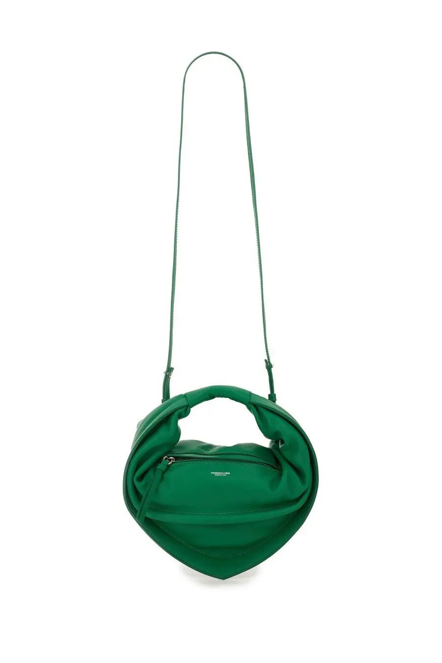 Federico Cina women’s midi cupcake bag green emerald leather crossbody with circular draped design and adjustable strap
