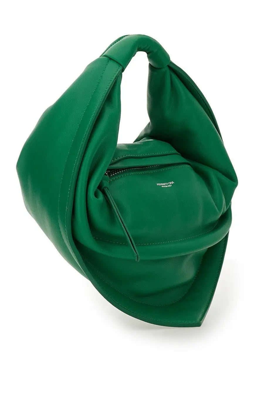 A vibrant emerald green leather hobo bag with a twisted handle and minimalist branding by Federico Cina