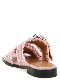 Ganni Feminine Buckle Fringed Denim Sandals Blue