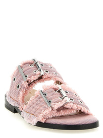 Ganni Feminine Buckle Fringed Denim Sandals Blue